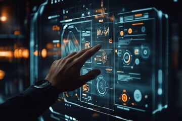 Fototapeta premium The Futuristic Business Interface has been designed to utilize advanced Touch Technology, significantly enhancing user interaction with features that include seamless analytics and automation tools