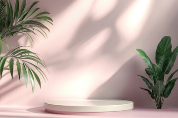 Obraz premium Unobtrusive botanical background with shadow on the wall - trend frame, cover, card, postcard. Exhibition Podium, stand, showcase on pastel light background for premium product , with generative ai