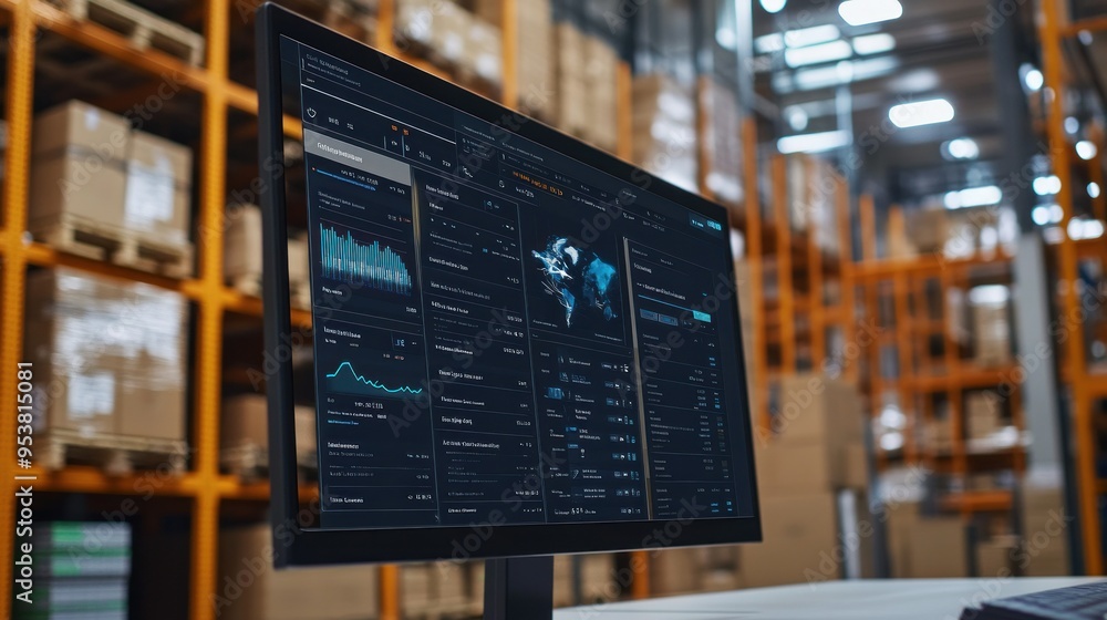 Poster Computer Monitor Displaying Data Analytics in a Warehouse