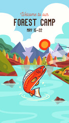 Forest Camp Social media post template with mountains landscape and fish. Classic camping invitation stories design. Stock poster graphics