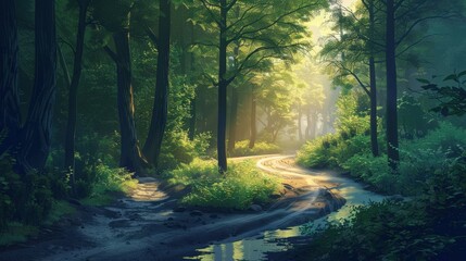 fork in the road in a serene forest, with one route following a babbling brook and the other winding through dense trees.