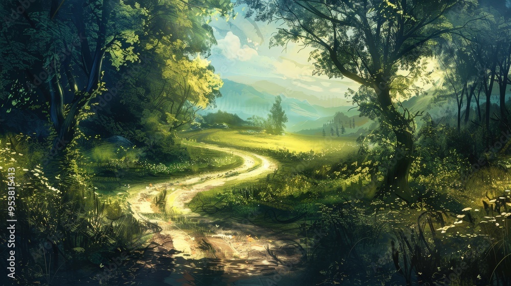 Poster fork in the road with one path leading through a dense forest and the other winding toward an open f