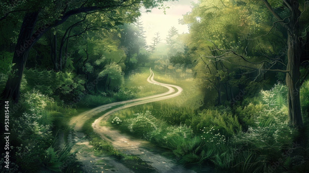 Poster fork in the road with one path leading through a dense forest and the other winding toward an open f