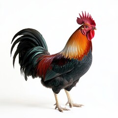 Fototapeta premium Black-feathered rooster with vibrant orange and green accents, standing with its beak slightly open as if about to make a sound, isolated on a white background