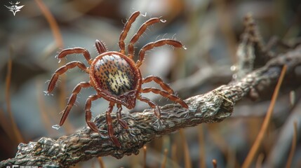 A mite sitting on a branch in a forest. Meadow or swamp tick. Ticks carry dangerous diseases