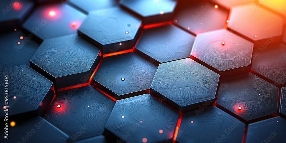 Poster a close-up view of a textured, hexagonal pattern in deep blue with glowing red accents
