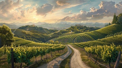 Naklejka premium fork in the road with one route leading through a lush vineyard and the other toward a scenic hilltop.