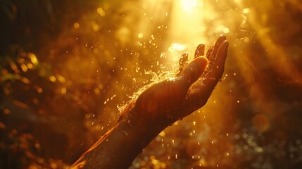 A scene filled with emotion as the blind man, full of faith, reaches towards Jesus, who extends His hand in healing, the background softly blurred with warm, golden tones,