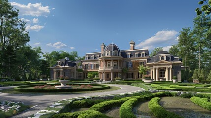Obraz premium grand estate with a stately, traditional exterior, circular driveway, and extensive landscaping