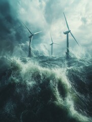 Dramatic ocean waves clash with wind turbines amidst stormy skies, showcasing the power of nature and renewable energy.