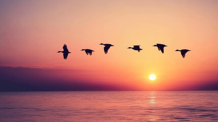 Migratory Birds Flying Over Sea at Sunset, Nature Scene for Travel or Wildlife Concepts Generative AI