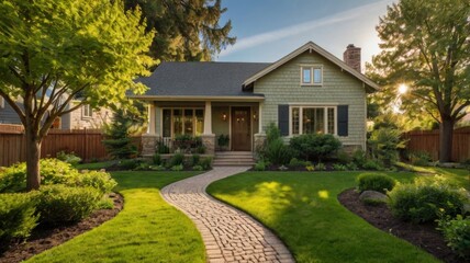 Obraz premium A charming green house with a wide porch surrounded by lush gardens on a sunny day, showcasing a serene suburban neighborhood
