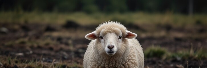 A curious sheep stands in a grassy field under soft morning light in a serene countryside setting