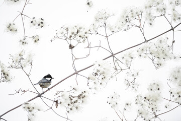 The coal tit wrapped by flowers on white background (Periparus ater)