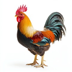 Fototapeta premium Golden-feathered rooster with striking plumage, slightly off-center, creating a dynamic and balanced composition, isolated on a white background