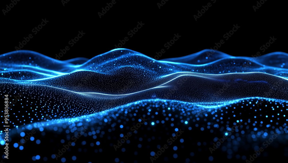 Poster abstract blue digital background featuring glowing dots and waves of particles against a black space