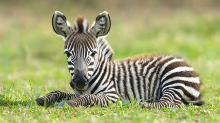 Fototapeta premium A close-up of a baby zebra lying on the grass, with its distinctive stripes clearly visible.