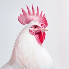 White-feathered rooster facing slightly away from the camera, highlighting the elegant curve of its neck and vibrant red comb, isolated on a white background