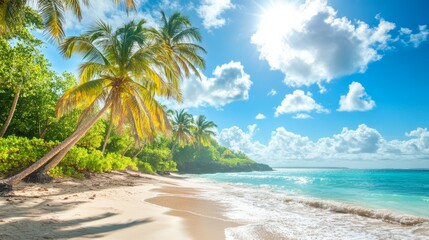 Sunny Tropical Caribbean Beach with Palm Trees and Turquoise Water, Island Vacation in Summer, Relaxation Concept Generative AI