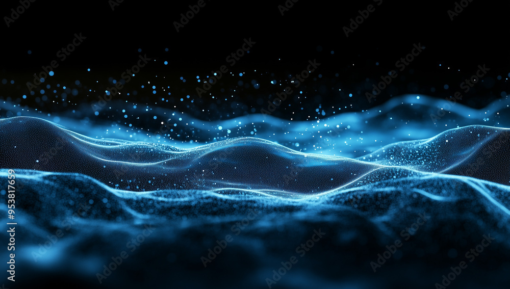 Poster abstract blue digital background featuring glowing dots and waves of particles against a black space