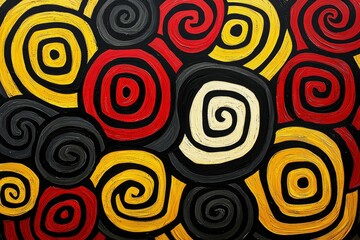 Abstract Painting of Intertwined Spirals in Red, Yellow, and Black