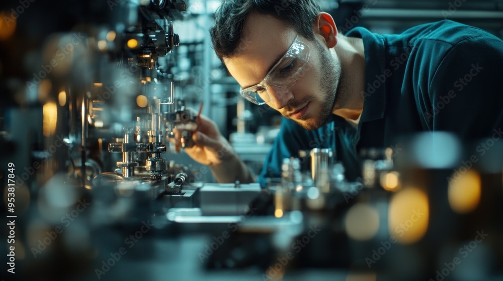 Poster A Man in Safety Glasses Works on a Complex Machine in a Factory Setting