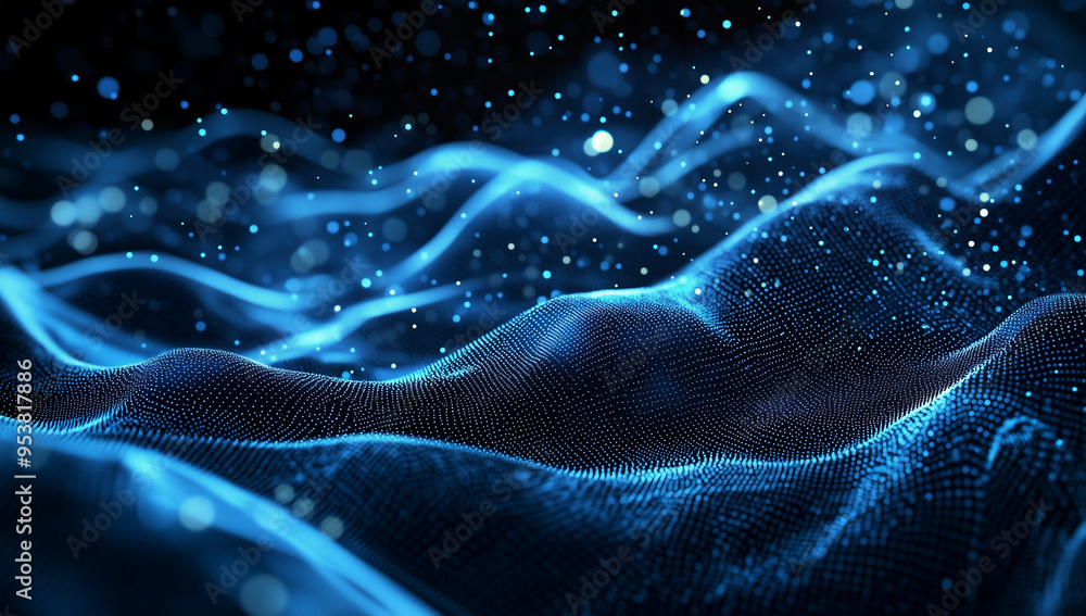 Poster abstract blue digital background featuring glowing dots and waves of particles against a black space