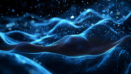 abstract blue digital background featuring glowing dots and waves of particles against a black space, representing an AI technology concept.