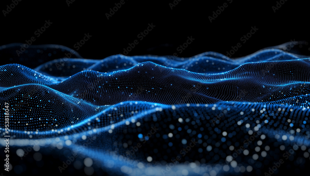 Poster abstract blue digital background featuring glowing dots and waves of particles against a black space