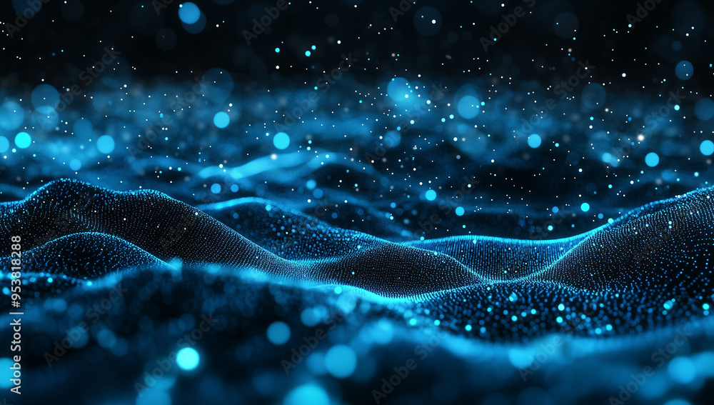 Poster abstract blue digital background featuring glowing dots and waves of particles against a black space