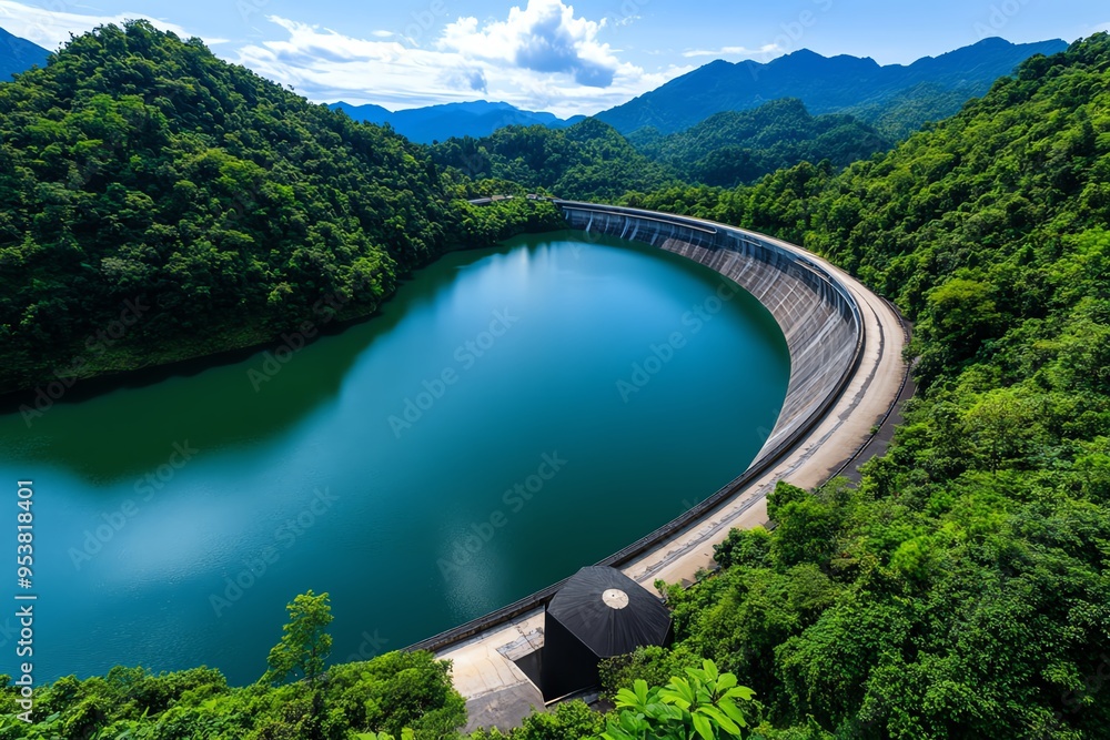 Poster clean energy and hydropower efficiency are captured in a realistic photo of a dam surrounded by lush