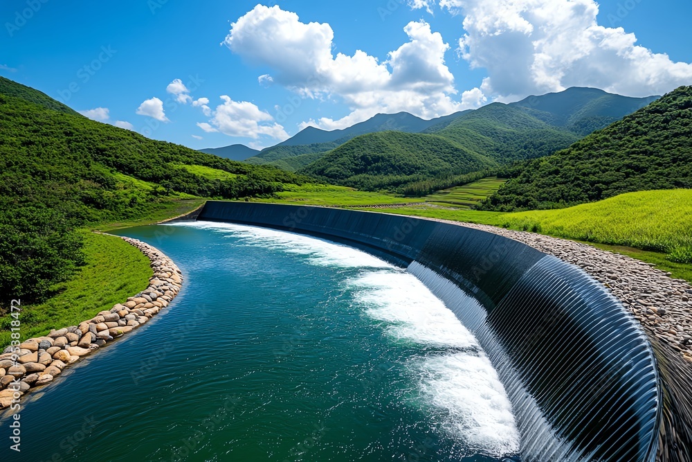 Aufkleber clean energy and hydropower efficiency are highlighted in a minimalist design of a streamlined dam w