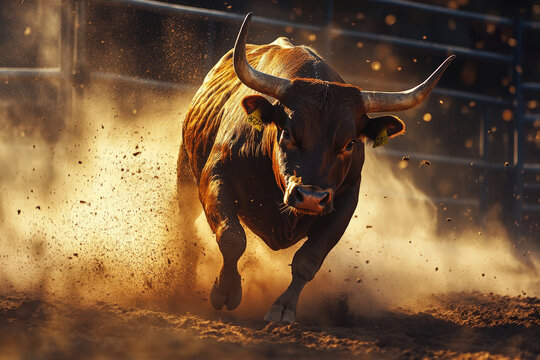 Muscular brown bull kicking up dust while running through a rodeo arena