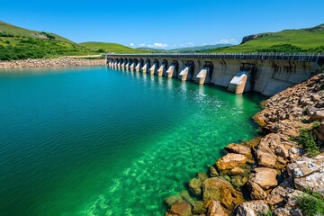 Obraz premium Clean energy and hydropower performance are illustrated in an eco-friendly design of a dam set against a clear blue sky