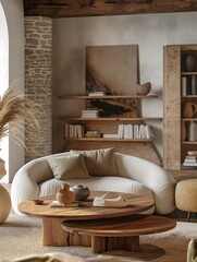 Modern home living room interior with cozy sofa and wooden tea table