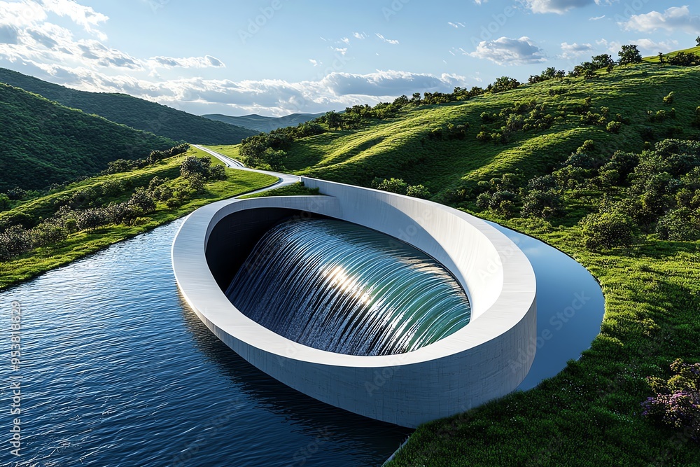 Poster Cost-effective hydropower and energy efficiency are highlighted in a minimalist design of a streamlined dam