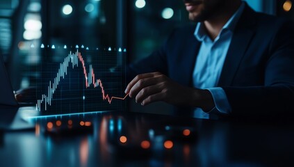 A businessman analyzes financial data on a computer screen, showcasing market trends and investment strategies in a modern office.