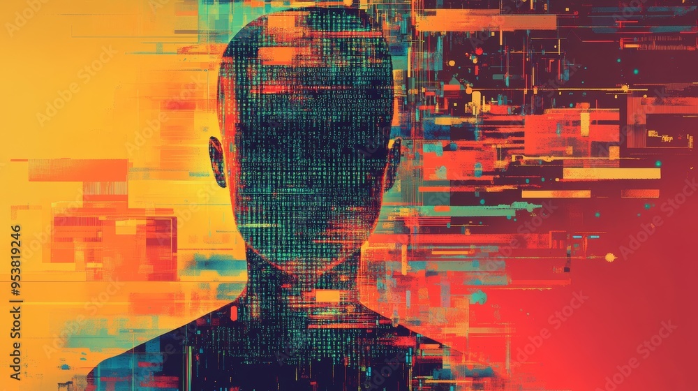 Poster Digital silhouette with binary code and glitchy background representing cyber security and identity protection.