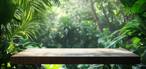 Naklejka premium Wooden table top in front of green foliage