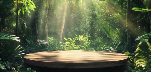 Wooden platform in a lush green jungle with sunlight filtering through the trees.