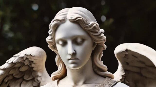 A detailed view of a serene angel statue surrounded by nature in a peaceful garden setting