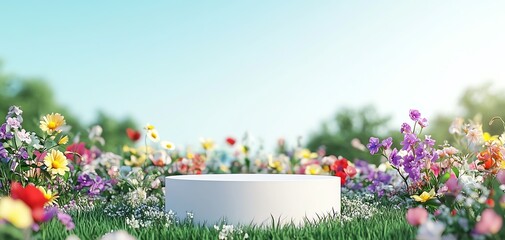 White podium with spring flowers on a green grass background