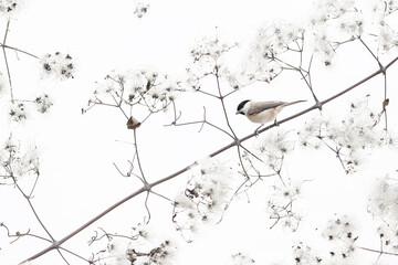 The marsh tit wrapped by flowers on white background (Poecile palustris)