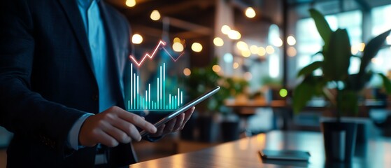 Businessman analyzing data on tablet with digital graph, showcasing financial trends and insights in a modern workspace.