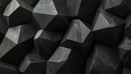Top-down view of black geometric stones and rocks, elegant and minimalist, ideal for podium showcase, rendered in CG 3D, smooth textures with sharp edges, sleek and modern
