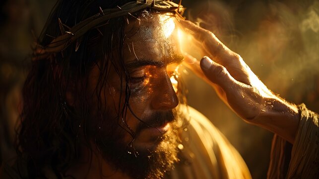 Jesus gently touching the blind man&rsquo;s eyes, a bright, glowing light radiating from His hands, illuminating the scene with a divine aura, the background a soft, ethereal glow,