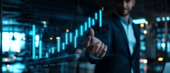 Professional man analyzing growth data on digital screen, demonstrating investment strategy with upward trend in a modern office.