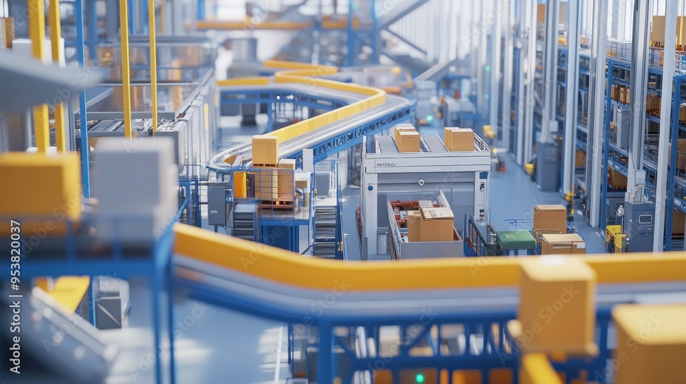 Poster Automated Warehouse Conveyor System with Boxes
