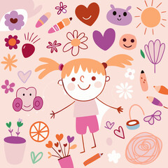 Vector Illustration of a Cute Girl Surrounded by Flowers, Hearts, and Toys, Happy Childhood, Multicolored