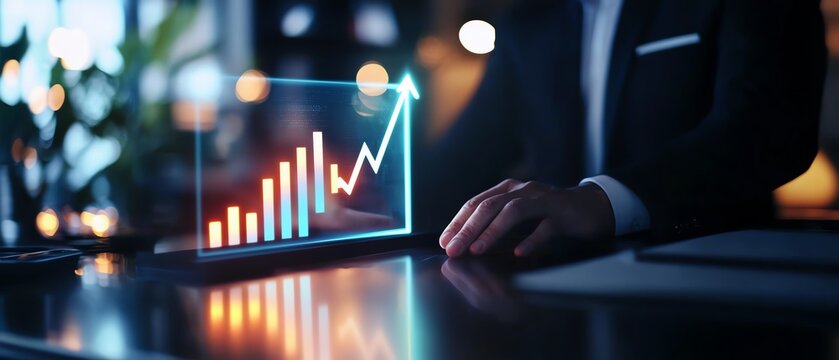 Professional man analyzing growth data with digital graph. Focus on financial performance and strategic planning in a modern setting.